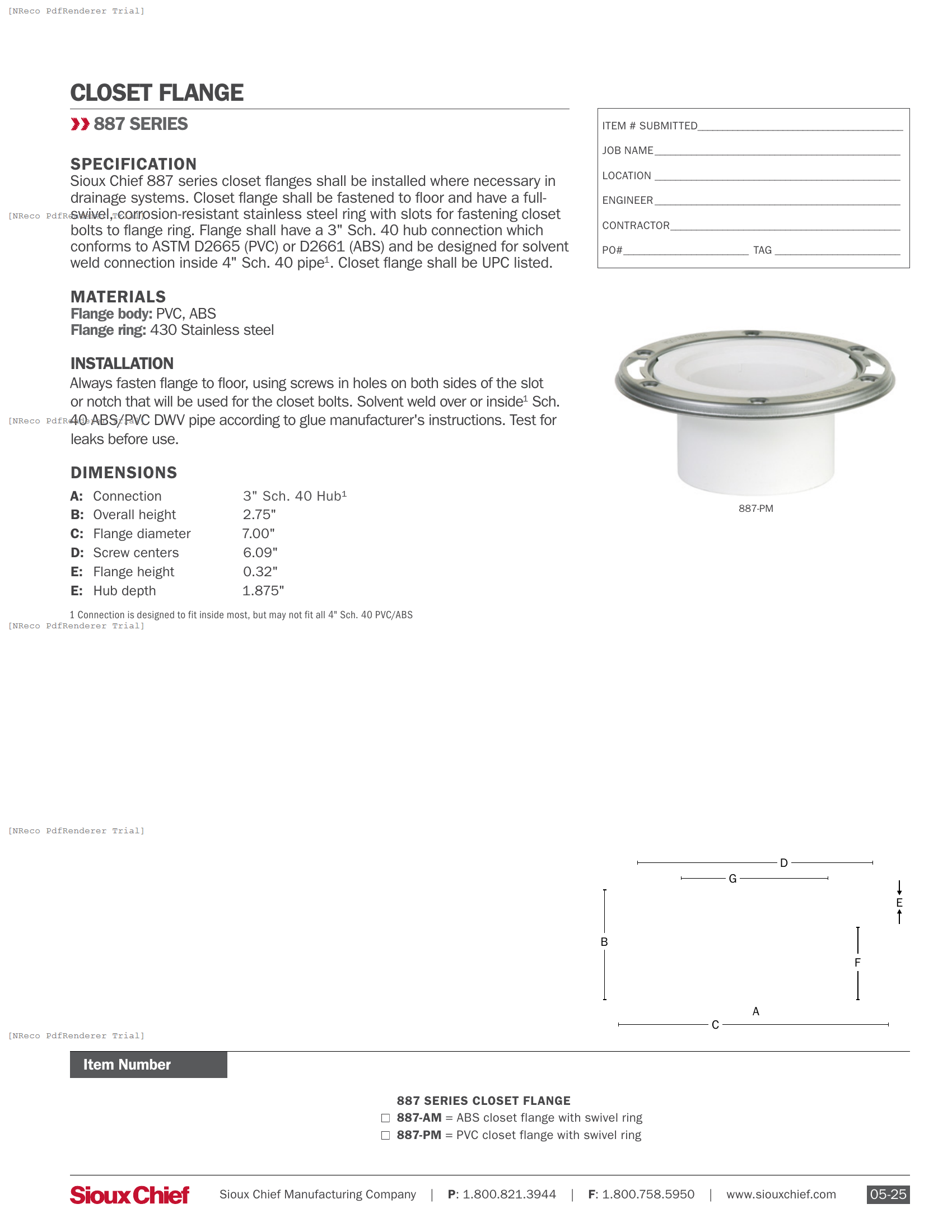 887 SERIES - CLOSET FLANGE - SPEC SHEET.PDF Specification Document